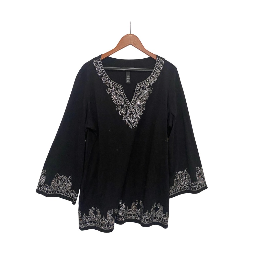 INC International Blouse 2X Black Sequin Embroidered Tunic Women's Pima Cotton